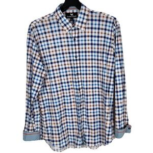 Butter Cloth Shirt Mens XL White Blue Geometric Plaid Flip Cuff Stretch LS